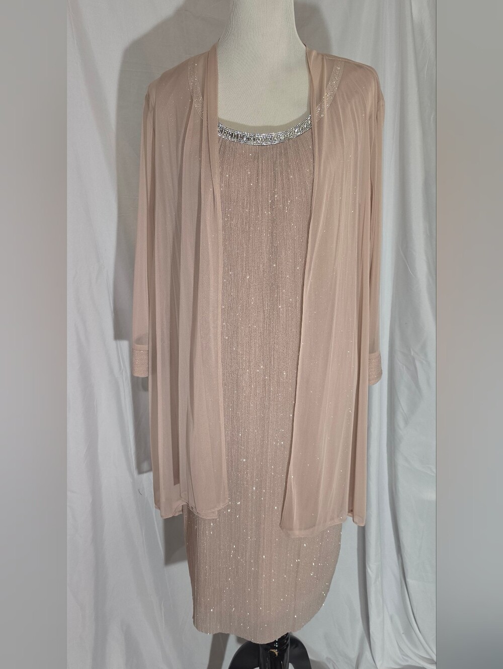 R&M Richards Blush Pink Glitter Slip Dress with Sheer Robe